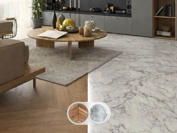A large-format grey concrete-look porcelain floor tile